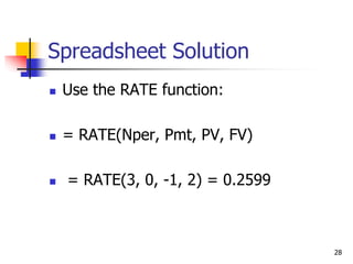 28
Spreadsheet Solution
 Use the RATE function:
 = RATE(Nper, Pmt, PV, FV)
 = RATE(3, 0, -1, 2) = 0.2599
 