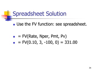 34
Spreadsheet Solution
 Use the FV function: see spreadsheet.
 = FV(Rate, Nper, Pmt, Pv)
 = FV(0.10, 3, -100, 0) = 331.00
 