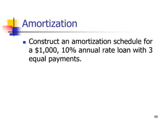 66
Amortization
 Construct an amortization schedule for
a $1,000, 10% annual rate loan with 3
equal payments.
 