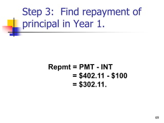 69
Repmt = PMT - INT
= $402.11 - $100
= $302.11.
Step 3: Find repayment of
principal in Year 1.
 