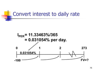 75
IPER= 11.33463%/365
= 0.031054% per day.
FV=?
0 1 2 273
0.031054%
-100
Convert interest to daily rate
 