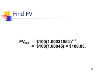 76
 
 
FV = $100 1.00031054
= $100 1.08846 = $108.85.
273
273
Find FV
 