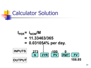 77
273 -100 0
108.85
INPUTS
OUTPUT
N I/YR PV FV
PMT
IPER= iNOM/M
= 11.33463/365
= 0.031054% per day.
Calculator Solution
 