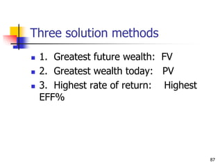 87
Three solution methods
 1. Greatest future wealth: FV
 2. Greatest wealth today: PV
 3. Highest rate of return: Highest
EFF%
 
