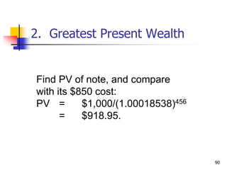 90
Find PV of note, and compare
with its $850 cost:
PV = $1,000/(1.00018538)456
= $918.95.
2. Greatest Present Wealth
 