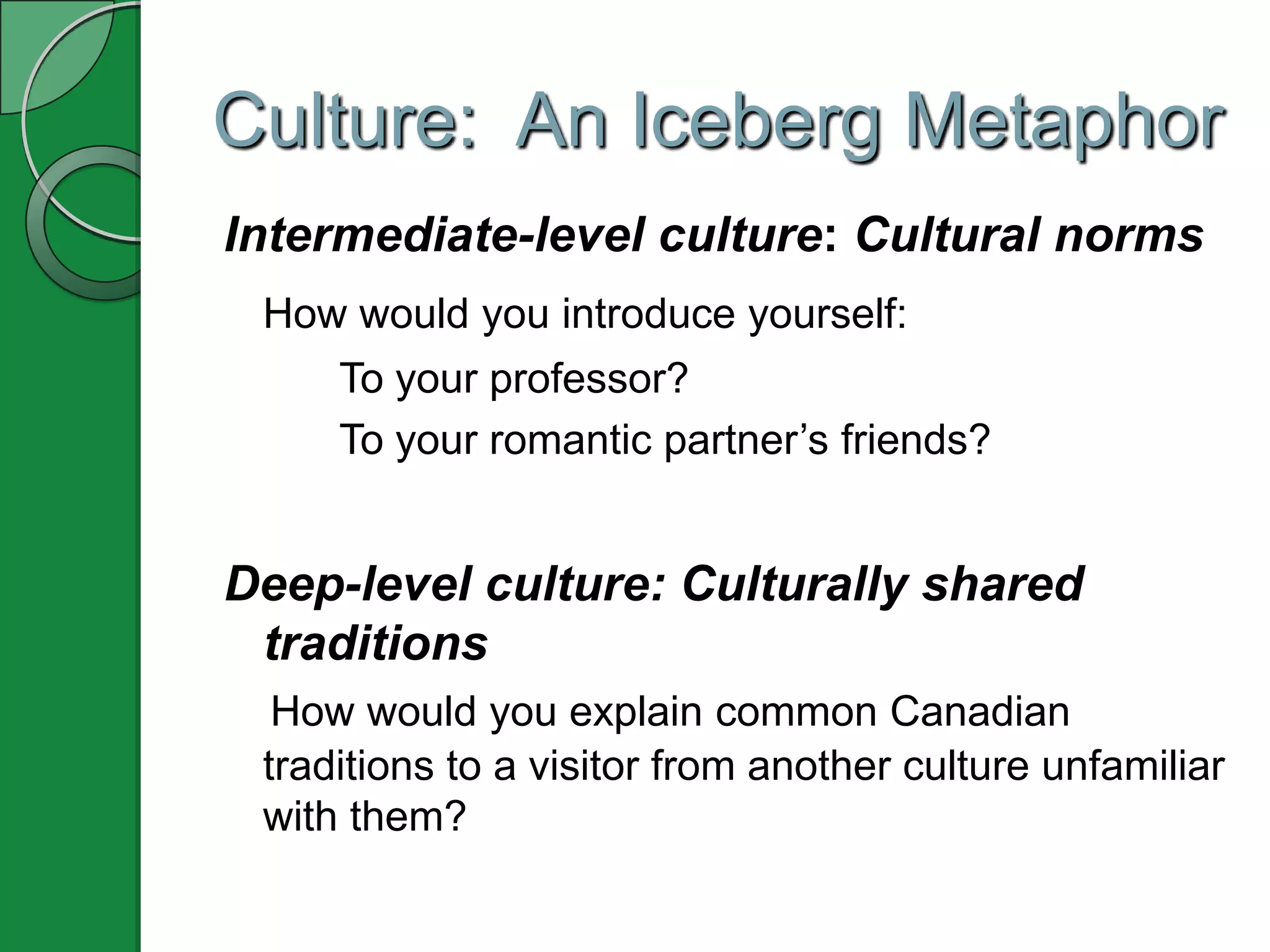 Culture: An Iceberg Metaphor
Intermediate-level culture: Cultural norms
How would you introduce yourself:
To your professor?
To your romantic partner’s friends?
Deep-level culture: Culturally shared
traditions
How would you explain common Canadian
traditions to a visitor from another culture unfamiliar
with them?
 