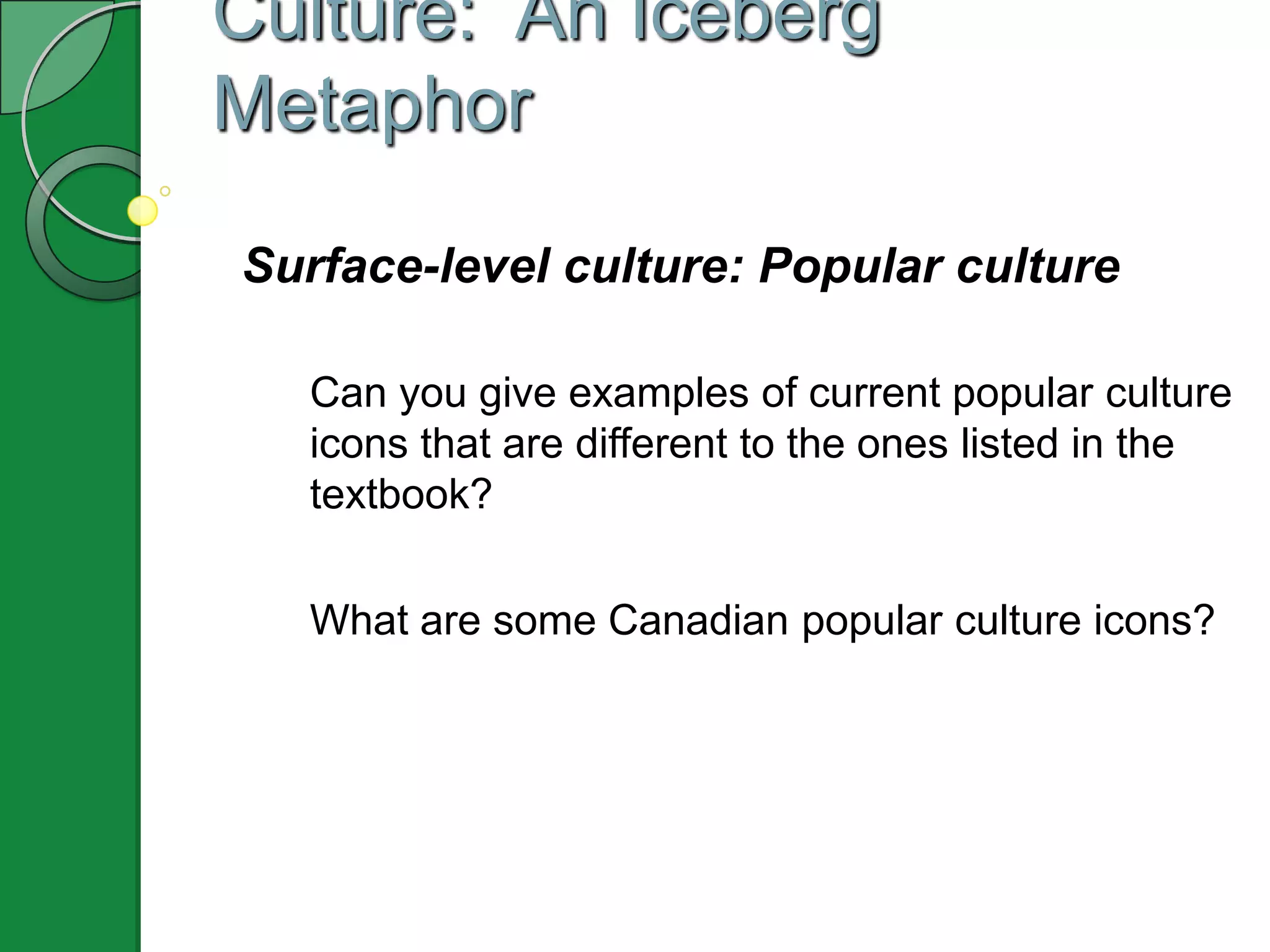 Culture: An Iceberg
Metaphor
Surface-level culture: Popular culture
Can you give examples of current popular culture
icons that are different to the ones listed in the
textbook?
What are some Canadian popular culture icons?
 