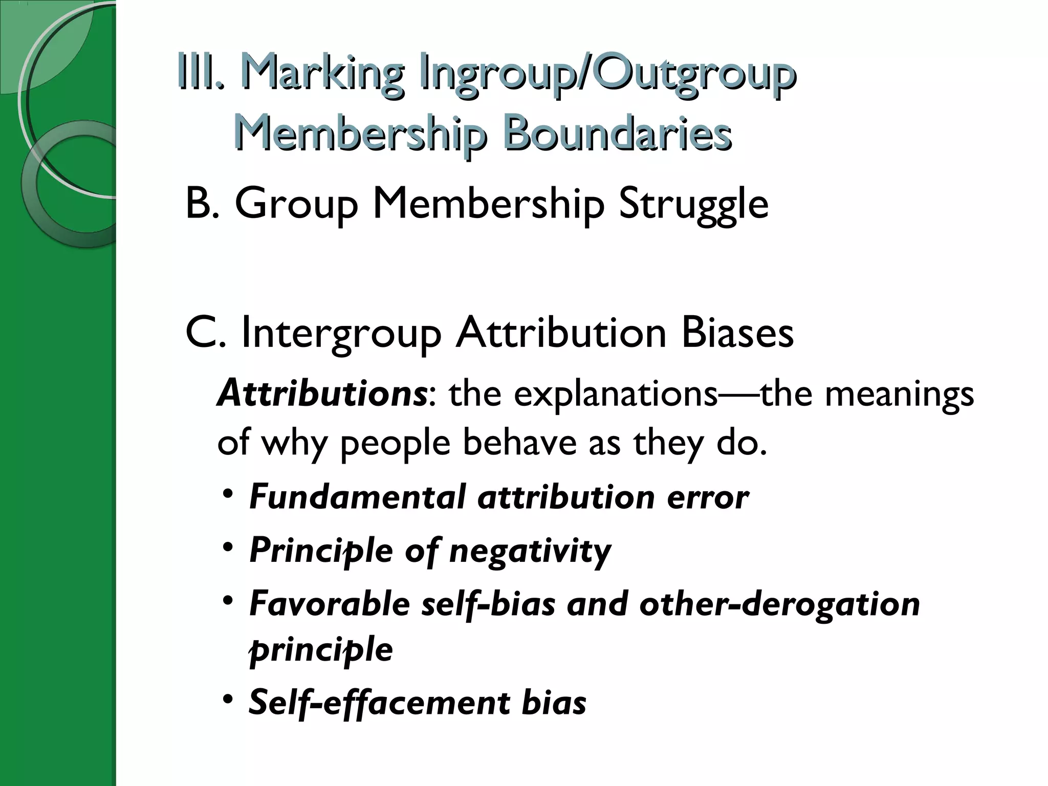III. Marking Ingroup/OutgroupIII. Marking Ingroup/Outgroup
Membership BoundariesMembership Boundaries
B. Group Membership Struggle
C. Intergroup Attribution Biases
Attributions: the explanations—the meanings
of why people behave as they do.
• Fundamental attribution error
• Principle of negativity
• Favorable self-bias and other-derogation
principle
• Self-effacement bias
 