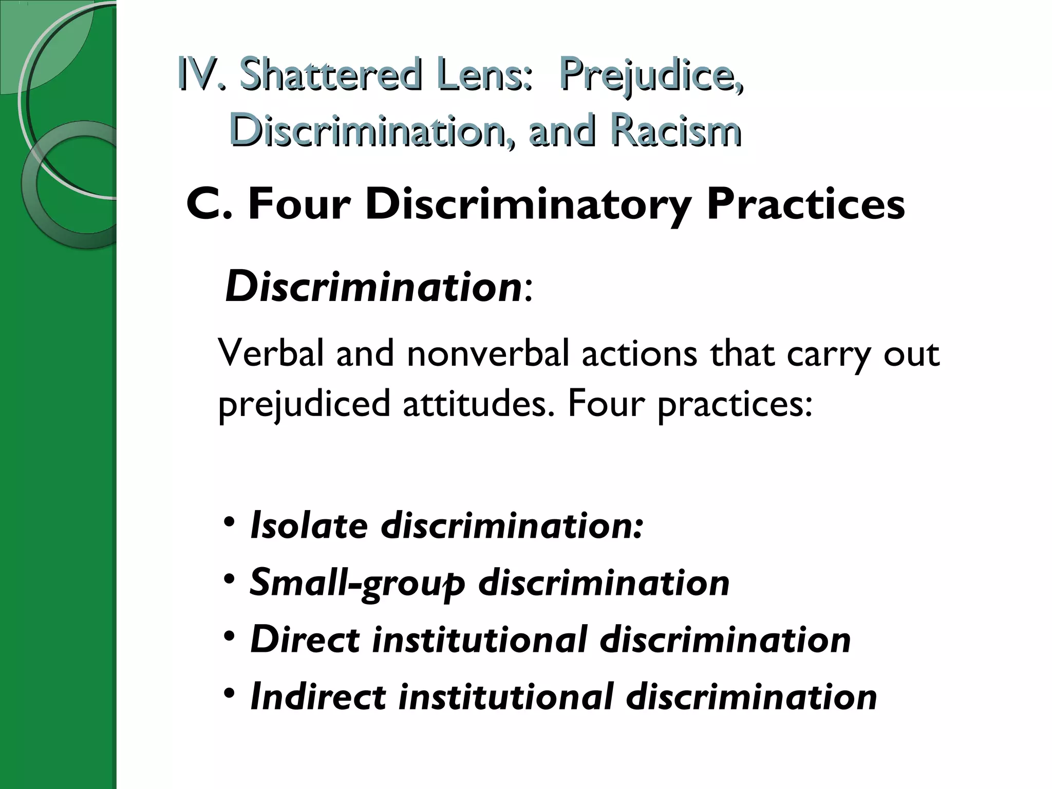 IV. Shattered Lens: Prejudice,IV. Shattered Lens: Prejudice,
Discrimination, and RacismDiscrimination, and Racism
C. Four Discriminatory Practices
Discrimination:
Verbal and nonverbal actions that carry out
prejudiced attitudes. Four practices:
• Isolate discrimination:
• Small-group discrimination
• Direct institutional discrimination
• Indirect institutional discrimination
 