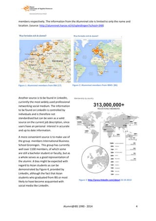 members respectively. The information from the Alumninet site is limited to only the name and
location. (source: http://alumninet.hanze.nl/nl/opleidingen?school=348)
Another source is to be found in LinkedIn,
currently the most widely used professional
networking social medium. The information
to be found on LinkedIn is controlled by
individuals and is therefore not
standardised but can be seen as a valid
source on the current job description, since
users have an personal interest in accurate
and up to date information.
A more convenient source is to make use of
the group members International Business
School Groningen. This group has currently
well over 1100 members, of which some
are still a bachelor student or faculty, but as
a whole serves as a good representation of
the alumni. A bias might be expected with
regard to Asian students as can be
demonstrated by Figure 4, provided by
LinkedIn, although the fact that Asian
students who graduated from IBS or most
likely to have become acquainted with
social media like LinkedIn.
Figure 3 http://press.linkedin.com/about 23-10-2014
Figure 1: Alumninet members from BW (17) Figure 2: Alumninet members from IBMS (86)
Alumni@IBS 1990 - 2014 4
 