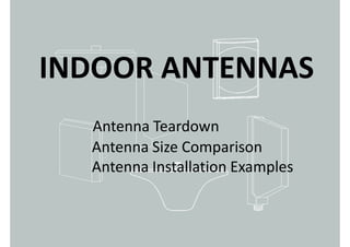INDOOR ANTENNAS
Antenna Teardown
Antenna Size Comparison
Antenna Installation Examples
INDOOR ANTENNAS
Antenna Installation Examples
 