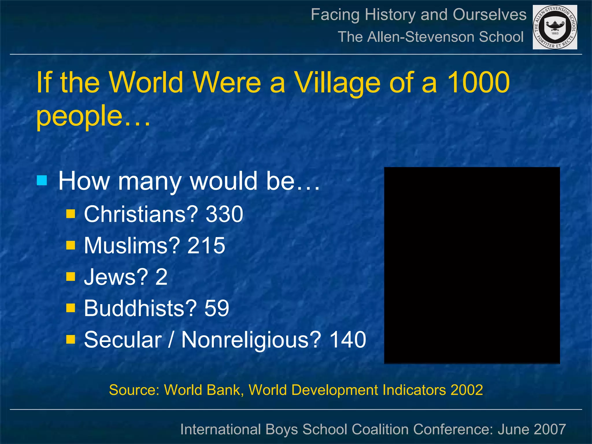 If the World Were a Village of a 1000 people… How many would be… Christians? 330 Muslims? 215 Jews? 2 Buddhists? 59 Secular / Nonreligious? 140 Source: World Bank, World Development Indicators 2002 
