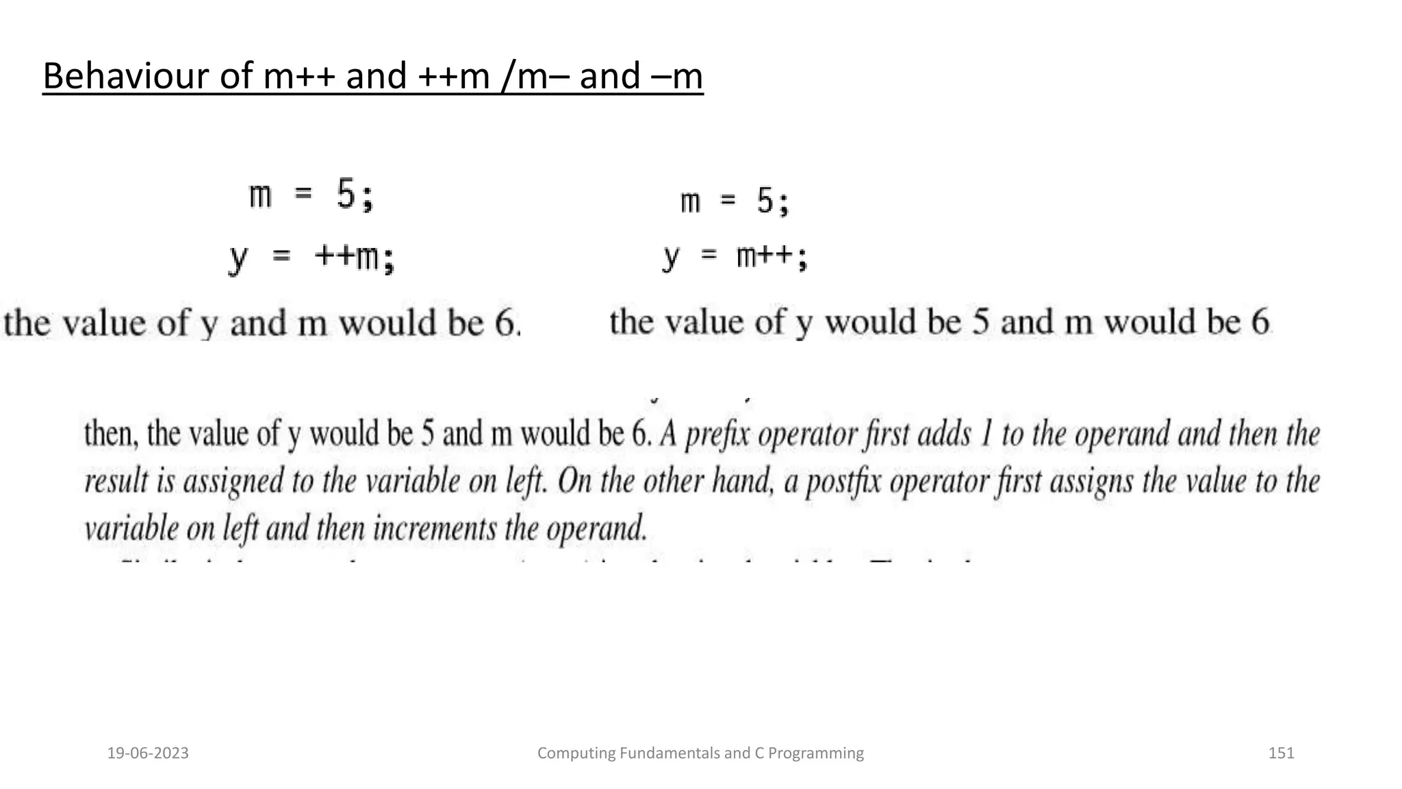 Behaviour of m++ and ++m /m&ndash; and &ndash;m
19-06-2023 Computing Fundamentals and C Programming 151
 