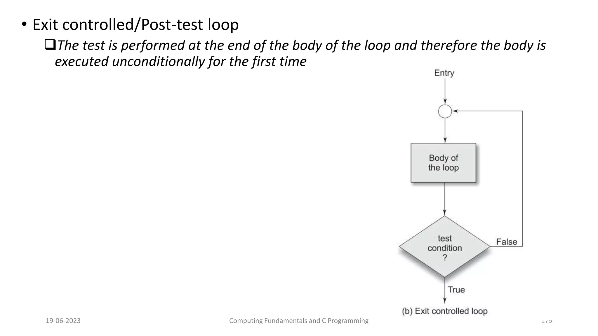 &bull; Exit controlled/Post-test loop
The test is performed at the end of the body of the loop and therefore the body is
executed unconditionally for the first time
19-06-2023 Computing Fundamentals and C Programming 179
 