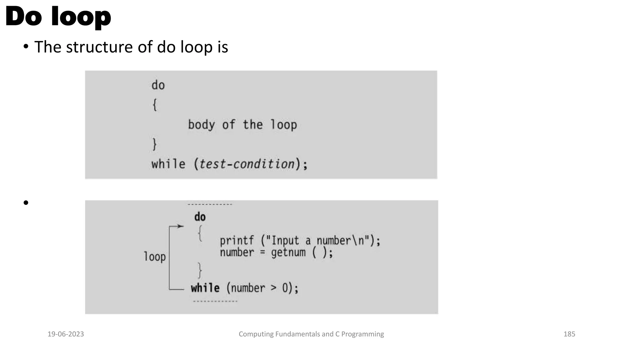 Do loop
&bull; The structure of do loop is
&bull;
19-06-2023 Computing Fundamentals and C Programming 185
 