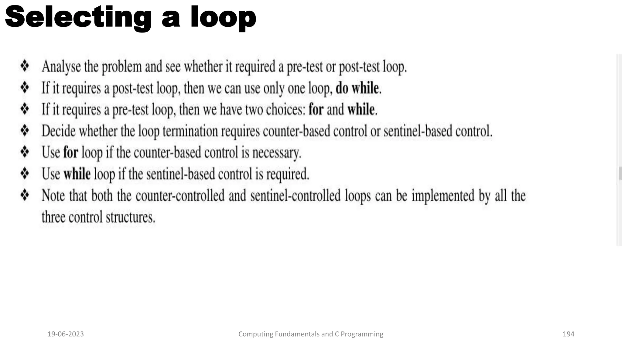 Selecting a loop
19-06-2023 Computing Fundamentals and C Programming 194
 