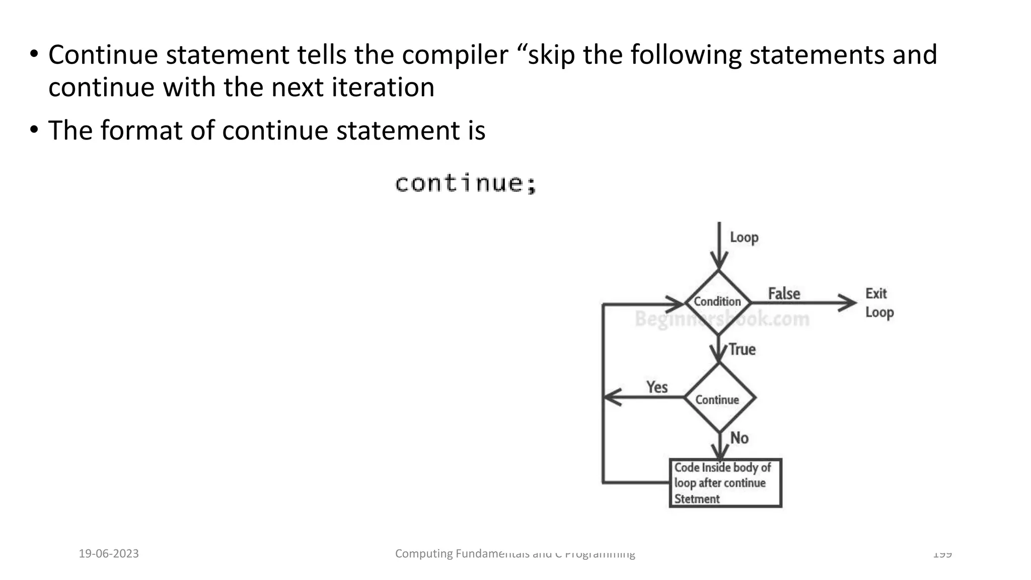 &bull; Continue statement tells the compiler &ldquo;skip the following statements and
continue with the next iteration
&bull; The format of continue statement is
19-06-2023 Computing Fundamentals and C Programming 199
 