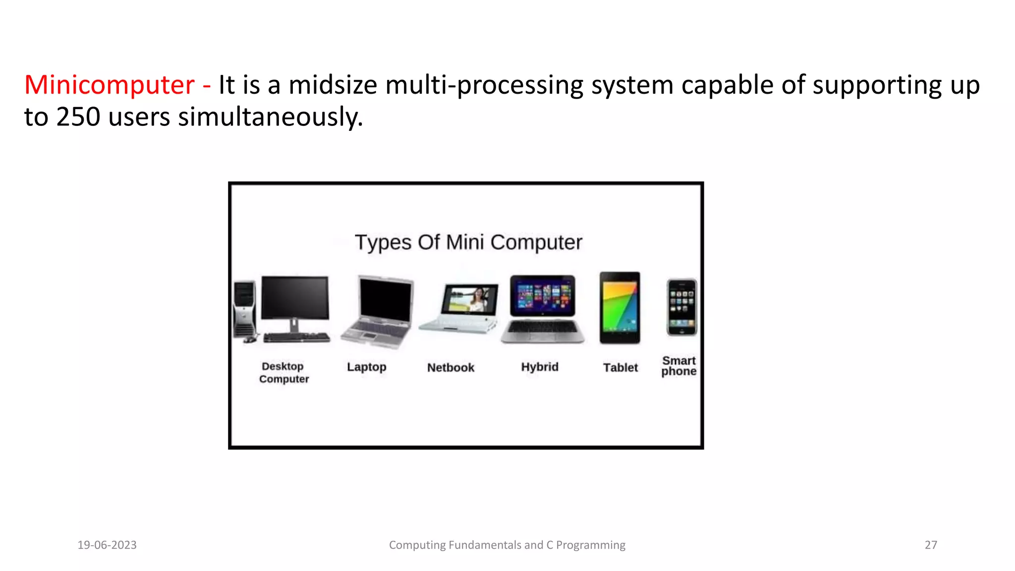 Minicomputer - It is a midsize multi-processing system capable of supporting up
to 250 users simultaneously.
19-06-2023 Computing Fundamentals and C Programming 27
 
