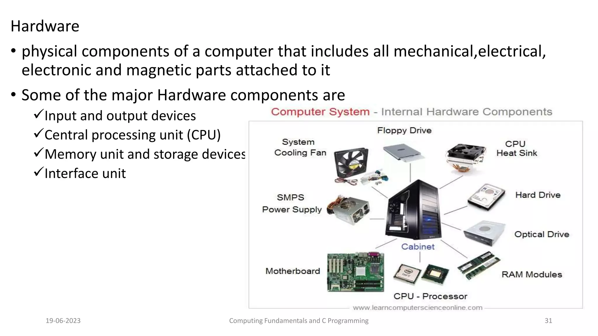 Hardware
&bull; physical components of a computer that includes all mechanical,electrical,
electronic and magnetic parts attached to it
&bull; Some of the major Hardware components are
Input and output devices
Central processing unit (CPU)
Memory unit and storage devices
Interface unit
19-06-2023 Computing Fundamentals and C Programming 31
 