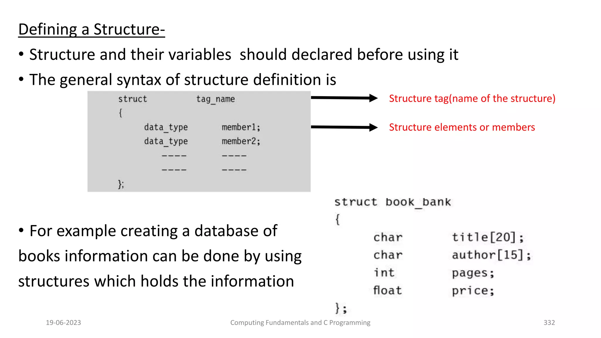 Defining a Structure-
&bull; Structure and their variables should declared before using it
&bull; The general syntax of structure definition is
&bull; For example creating a database of
books information can be done by using
structures which holds the information
19-06-2023 Computing Fundamentals and C Programming 332
Structure elements or members
Structure tag(name of the structure)
 