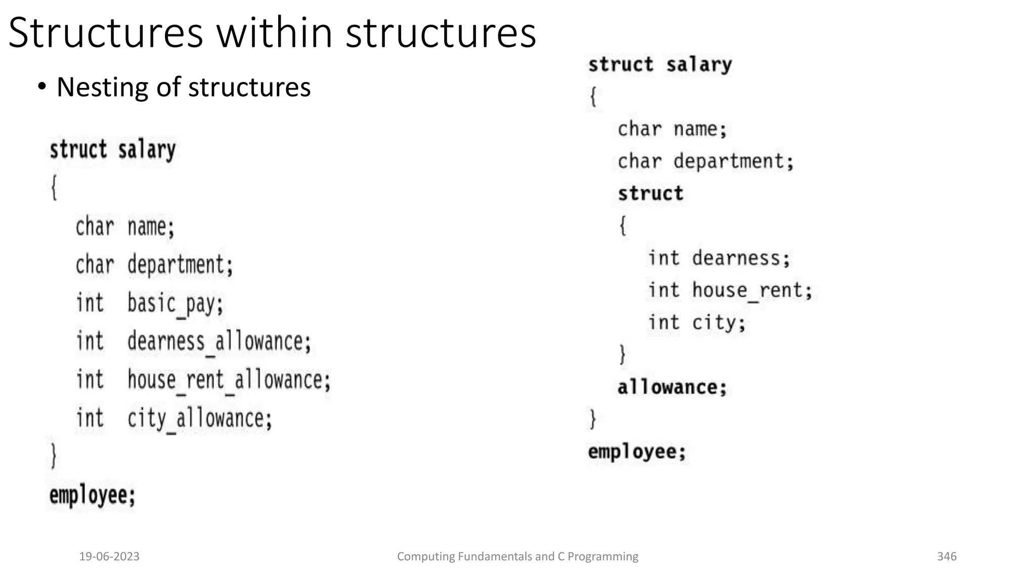 Structures within structures
&bull; Nesting of structures
19-06-2023 Computing Fundamentals and C Programming 346
 