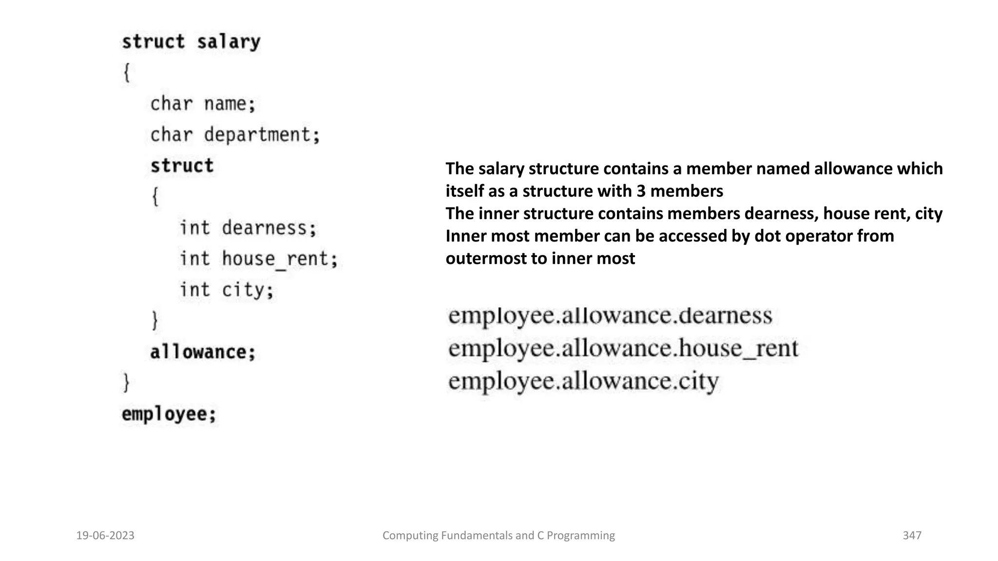 19-06-2023 Computing Fundamentals and C Programming 347
The salary structure contains a member named allowance which
itself as a structure with 3 members
The inner structure contains members dearness, house rent, city
Inner most member can be accessed by dot operator from
outermost to inner most
 