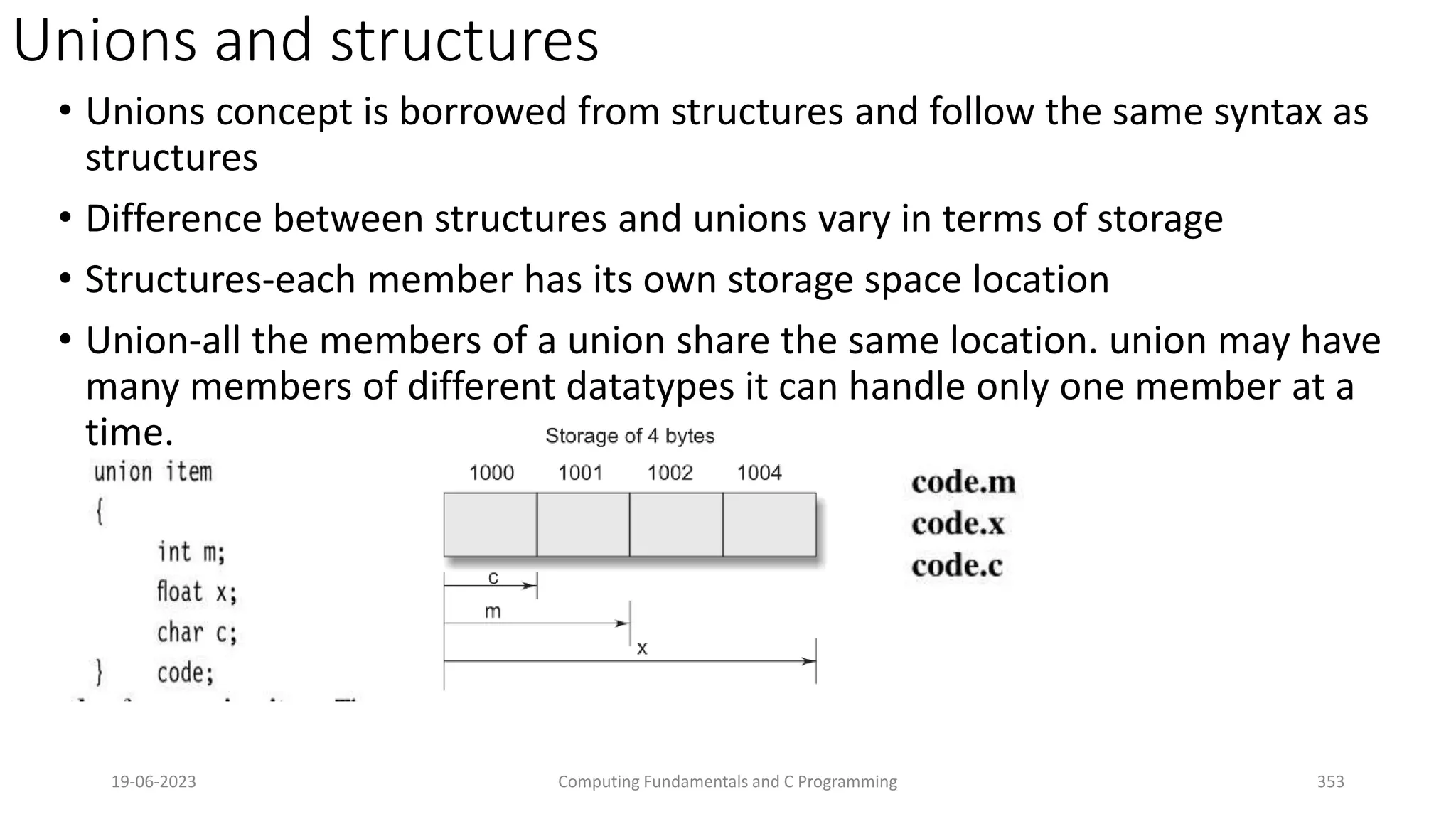 Unions and structures
&bull; Unions concept is borrowed from structures and follow the same syntax as
structures
&bull; Difference between structures and unions vary in terms of storage
&bull; Structures-each member has its own storage space location
&bull; Union-all the members of a union share the same location. union may have
many members of different datatypes it can handle only one member at a
time.
19-06-2023 Computing Fundamentals and C Programming 353
 
