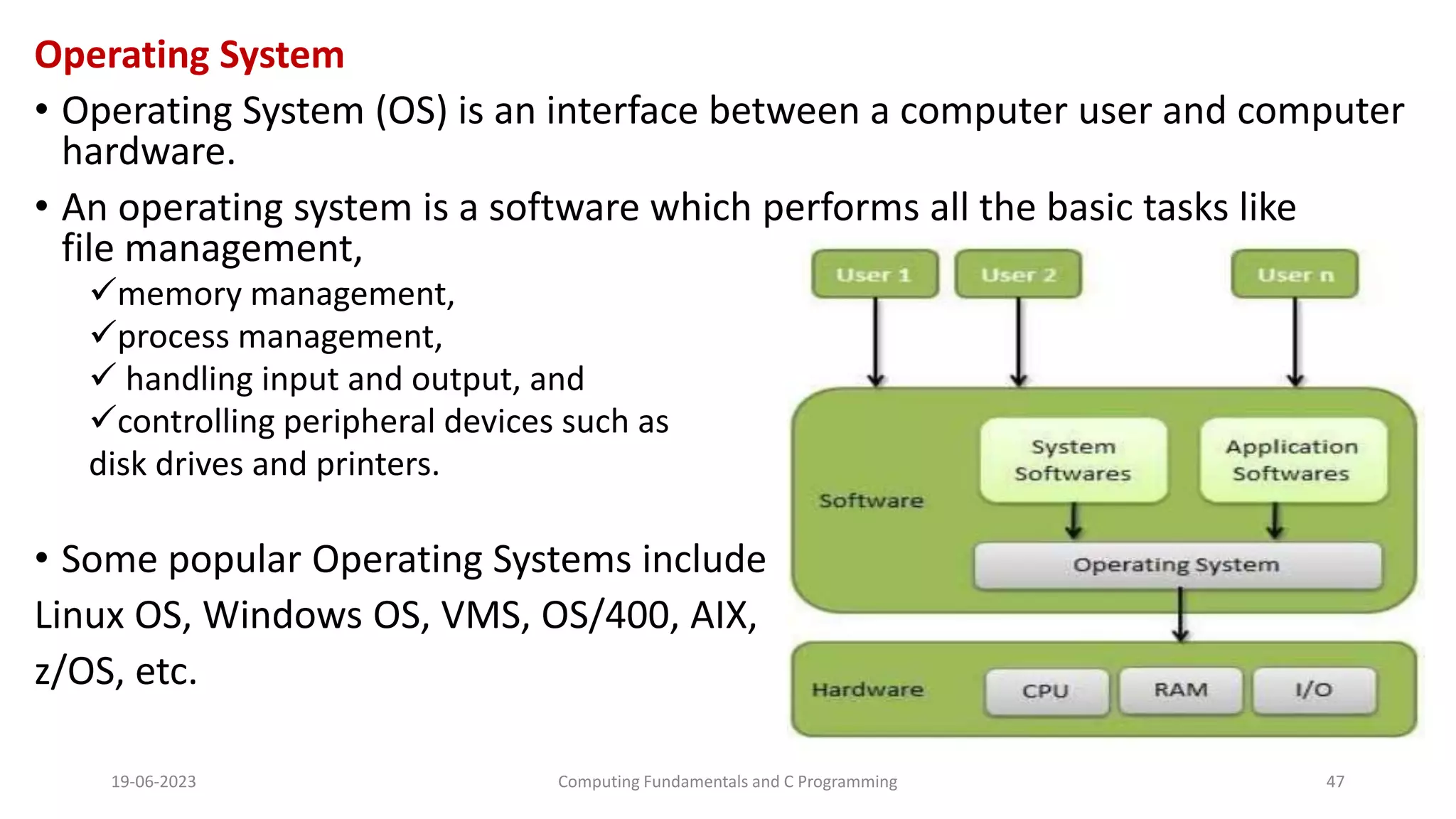 Operating System
&bull; Operating System (OS) is an interface between a computer user and computer
hardware.
&bull; An operating system is a software which performs all the basic tasks like
file management,
memory management,
process management,
 handling input and output, and
controlling peripheral devices such as
disk drives and printers.
&bull; Some popular Operating Systems include
Linux OS, Windows OS, VMS, OS/400, AIX,
z/OS, etc.
19-06-2023 Computing Fundamentals and C Programming 47
 