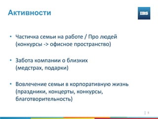 Активности


• Частичка семьи на работе / Про людей
  (конкурсы -> офисное пространство)

• Забота компании о близких
  (медстрах, подарки)

• Вовлечение семьи в корпоративную жизнь
  (праздники, концерты, конкурсы,
  благотворительность)

                                           5
 