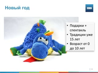 Новый год


            • Подарки +
              спектакль
            • Традиции уже
              15 лет
            • Возраст от 0
              до 10 лет




                         6
 