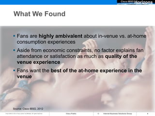 Cisco IBSG
                                                                                                                         Horizons

              What We Found


              Fans are highly ambivalent about in-venue vs. at-home
               consumption experiences
              Aside from economic constraints, no factor explains fan
               attendance or satisfaction as much as quality of the
               venue experience
              Fans want the best of the at-home experience in the
               venue




             Source: Cisco IBSG, 2012
Cisco IBSG © 2012 Cisco and/or its affiliates. All rights reserved.   Cisco Public   Internet Business Solutions Group        4
 