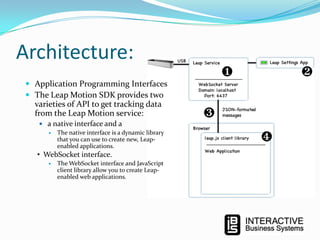Architecture:
 Application Programming Interfaces
 The Leap Motion SDK provides two

varieties of API to get tracking data
from the Leap Motion service:
 a native interface and a
 The native interface is a dynamic library
that you can use to create new, Leapenabled applications.

• WebSocket interface.


The WebSocket interface and JavaScript
client library allow you to create Leapenabled web applications.

 