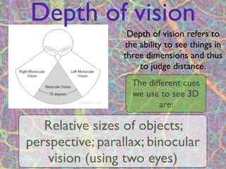 Depth of vision
                    Depth of vision refers to
                   the ability to see things in
                   three dimensions and thus
                       to judge distance.
                     The different cues
                     we use to see 3D
                             are:

   Relative sizes of objects;
perspective; parallax; binocular
    vision (using two eyes)
               5
 
