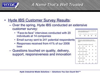 Hyde IBS Customer Survey Results : Over the spring, Hyde IBS conducted an extensive customer survey: “Face-to-face” interviews conducted with 20  individuals at 14 companies Email survey sent to 241 potential respondents Responses received from 41% of our 2008   revenue base Questions touched on quality, delivery,  support, responsiveness and innovation A Name That’s Well Trusted 