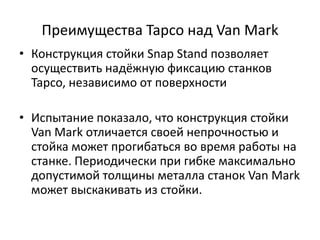 Преимущества Tapco над Van Mark
• Конструкция стойки Snap Stand позволяет
  осуществить надёжную фиксацию станков
  Tapco, независимо от поверхности

• Испытание показало, что конструкция стойки
  Van Mark отличается своей непрочностью и
  стойка может прогибаться во время работы на
  станке. Периодически при гибке максимально
  допустимой толщины металла станок Van Mark
  может выскакивать из стойки.
 