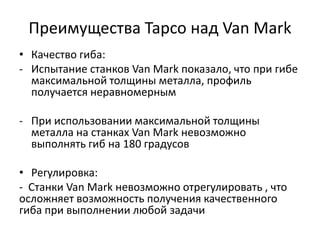 Преимущества Tapco над Van Mark
• Качество гиба:
- Испытание станков Van Mark показало, что при гибе
  максимальной толщины металла, профиль
  получается неравномерным

- При использовании максимальной толщины
  металла на станках Van Mark невозможно
  выполнять гиб на 180 градусов

• Регулировка:
- Станки Van Mark невозможно отрегулировать , что
осложняет возможность получения качественного
гиба при выполнении любой задачи
 