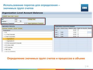 13
© SAP 2009 / Page 13
Использование порогов для определения –
значимых групп счетов
Определение значимых групп счетов и процессов в объеме
 