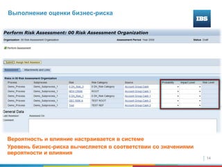 14
Выполнение оценки бизнес-риска
Вероятность и влияние настраивается в системе
Уровень бизнес-риска вычисляется в соответствии со значениями
вероятности и влияния
 