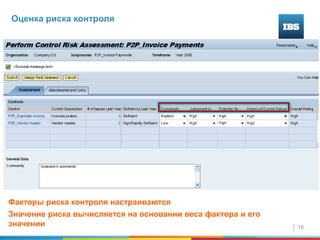 15
Оценка риска контроля
Факторы риска контроля настраиваются
Значение риска вычисляется на основании веса фактора и его
значении
 