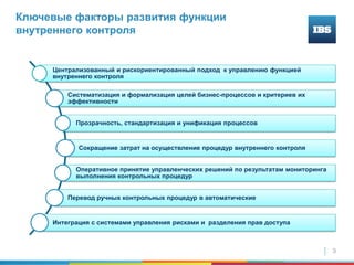 3
Ключевые факторы развития функции
внутреннего контроля
Централизованный и рискориентированный подход к управлению функцией
внутреннего контроля
Систематизация и формализация целей бизнес-процессов и критериев их
эффективности
Прозрачность, стандартизация и унификация процессов
Сокращение затрат на осуществление процедур внутреннего контроля
Оперативное принятие управленческих решений по результатам мониторинга
выполнения контрольных процедур
Перевод ручных контрольных процедур в автоматические
Интеграция с системами управления рисками и разделения прав доступа
 