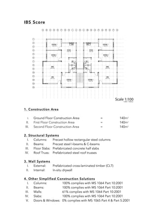 IBS Score
1. Construction Area
I. Ground Floor Construction Area = 140m2
II. First Floor Construction Area = 140m2
III. Second Floor Construction Area = 140m2
2. Structural Systems
I. Columns: Precast hollow rectangular steel columns
II. Beams: Precast steel I-beams & C-beams
III. Floor Slabs: Prefabricated concrete half slabs
IV. Roof Truss: Prefabricated steel roof trusses
3. Wall Systems
I. External: Prefabricated cross-laminated timber (CLT)
II. Internal: In-situ drywall
4. Other Simplified Construction Solutions
I. Columns: 100% complies with MS 1064 Part 10:2001
II. Beams: 100% complies with MS 1064 Part 10:2001
III. Walls: 61% complies with MS 1064 Part 10:2001
IV. Slabs: 100% complies with MS 1064 Part 10:2001
V. Doors & Windows: 0% complies with MS 1065 Part 4 & Part 5:2001
 