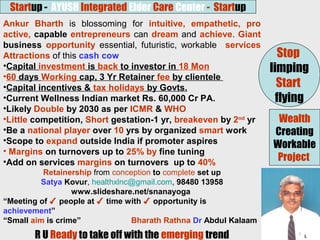 Startup - AYUSH Integrated Elder Care Center - Startup
Ankur Bharth is blossoming for intuitive, empathetic, pro
active, capable entrepreneurs can dream and achieve. Giant
business opportunity essential, futuristic, workable services
Attractions of this cash cow
•Capital investment is back to investor in 18 Mon
•60 days Working cap, 3 Yr Retainer fee by clientele
•Capital incentives & tax holidays by Govts.
•Current Wellness Indian market Rs. 60,000 Cr PA.
•Likely Double by 2030 as per ICMR & WHO
•Little competition, Short gestation-1 yr, breakeven by 2nd
yr
•Be a national player over 10 yrs by organized smart work
•Scope to expand outside India if promoter aspires
• Margins on turnovers up to 25% by fine tuning
•Add on services margins on turnovers up to 40%
Retainership from conception to complete set up
Satya Kovur, healthxlnc@gmail.com, 98480 13958
www.slideshare.net/snanayoga
“Meeting of ✔ people at ✔ time with ✔ opportunity is
achievement”
“Small aim is crime” Bharath Rathna Dr Abdul Kalaam
R U Ready to take off with the emerging trend
Stop
limping
Start
flying
Wealth
Creating
Workable
Project
 
