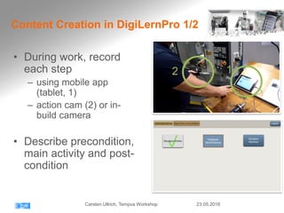 Content Creation in DigiLernPro 1/2
23.05.2016Carsten Ullrich, Tempus Workshop
• During work, record
each step
– using mobile app
(tablet, 1)
– action cam (2) or in-
build camera
• Describe precondition,
main activity and post-
condition
2 1
 