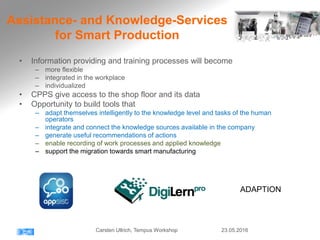 Assistance- and Knowledge-Services
for Smart Production
• Information providing and training processes will become
– more flexible
– integrated in the workplace
– individualized
• CPPS give access to the shop floor and its data
• Opportunity to build tools that
– adapt themselves intelligently to the knowledge level and tasks of the human
operators
– integrate and connect the knowledge sources available in the company
– generate useful recommendations of actions
– enable recording of work processes and applied knowledge
– support the migration towards smart manufacturing
ADAPTION
23.05.2016Carsten Ullrich, Tempus Workshop
 