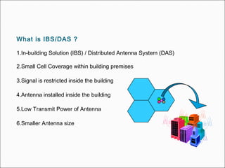 What is IBS/DAS ?
1.In-building Solution (IBS) / Distributed Antenna System (DAS)
2.Small Cell Coverage within building premises
3.Signal is restricted inside the building
4.Antenna installed inside the building
5.Low Transmit Power of Antenna
6.Smaller Antenna size
 