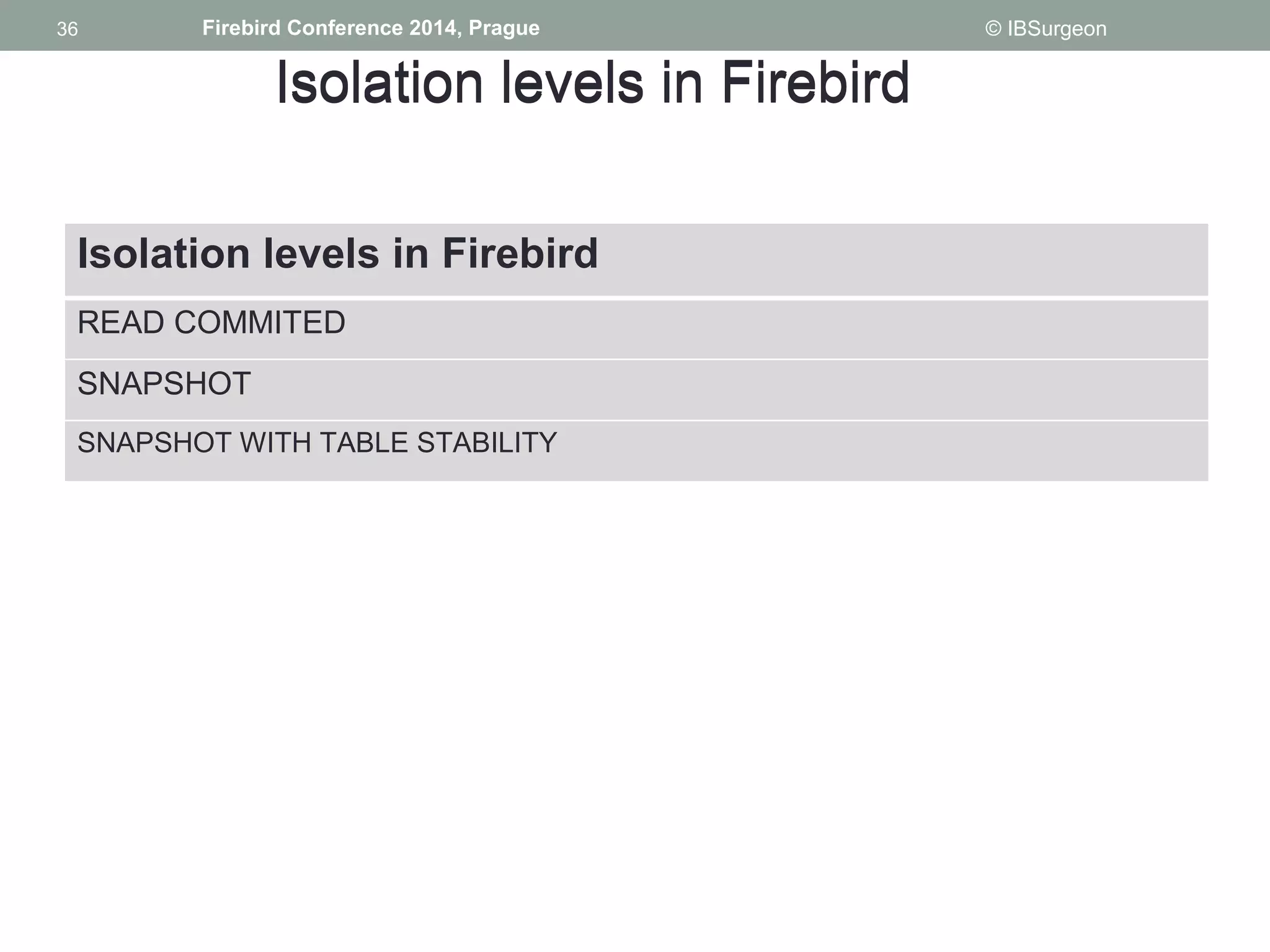 36 
36 Firebird Conference 2014, Prague © IBSurgeon 
IIssoollaattiioonn lleevveellss iinn FFiirreebbiirrdd 
Isolation levels in Firebird 
READ COMMITED 
SNAPSHOT 
SNAPSHOT WITH TABLE STABILITY 
 
