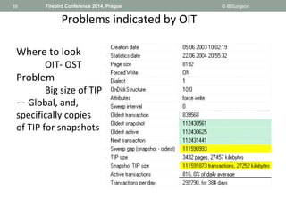 69 
69 Firebird Conference 2014, Prague © IBSurgeon 
Problems indicated by OIT 
Where to look 
OIT- OST 
Problem 
Big size...