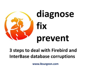 diagnose fix prevent  3 steps to deal with Firebird and InterBase database corruptions www.ibsurgeon.com 
