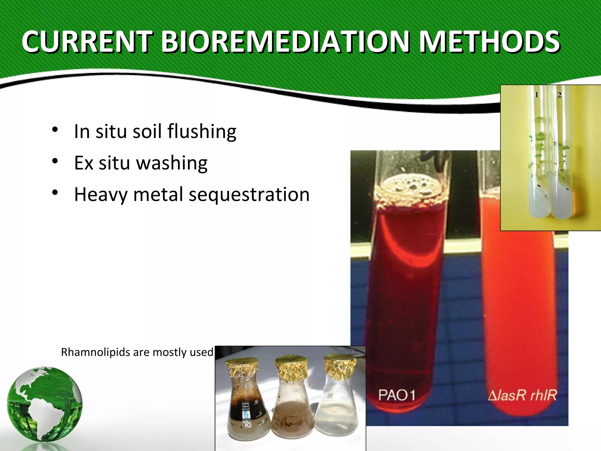 CURRENT BIOREMEDIATION METHODSCURRENT BIOREMEDIATION METHODS
• In situ soil flushing
• Ex situ washing
• Heavy metal sequestration
Rhamnolipids are mostly used.
 