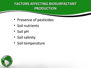 FACTORS AFFECTING BIOSURFACTANTFACTORS AFFECTING BIOSURFACTANT
PRODUCTIONPRODUCTION
• Presence of pesticides
• Soil nutrients
• Soil pH
• Soil salinity
• Soil temperature
 